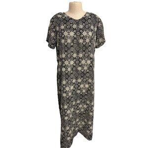 Vintage Black and White Floral Lace-Like Print Midi Dress Short Sleeves, Fundrai